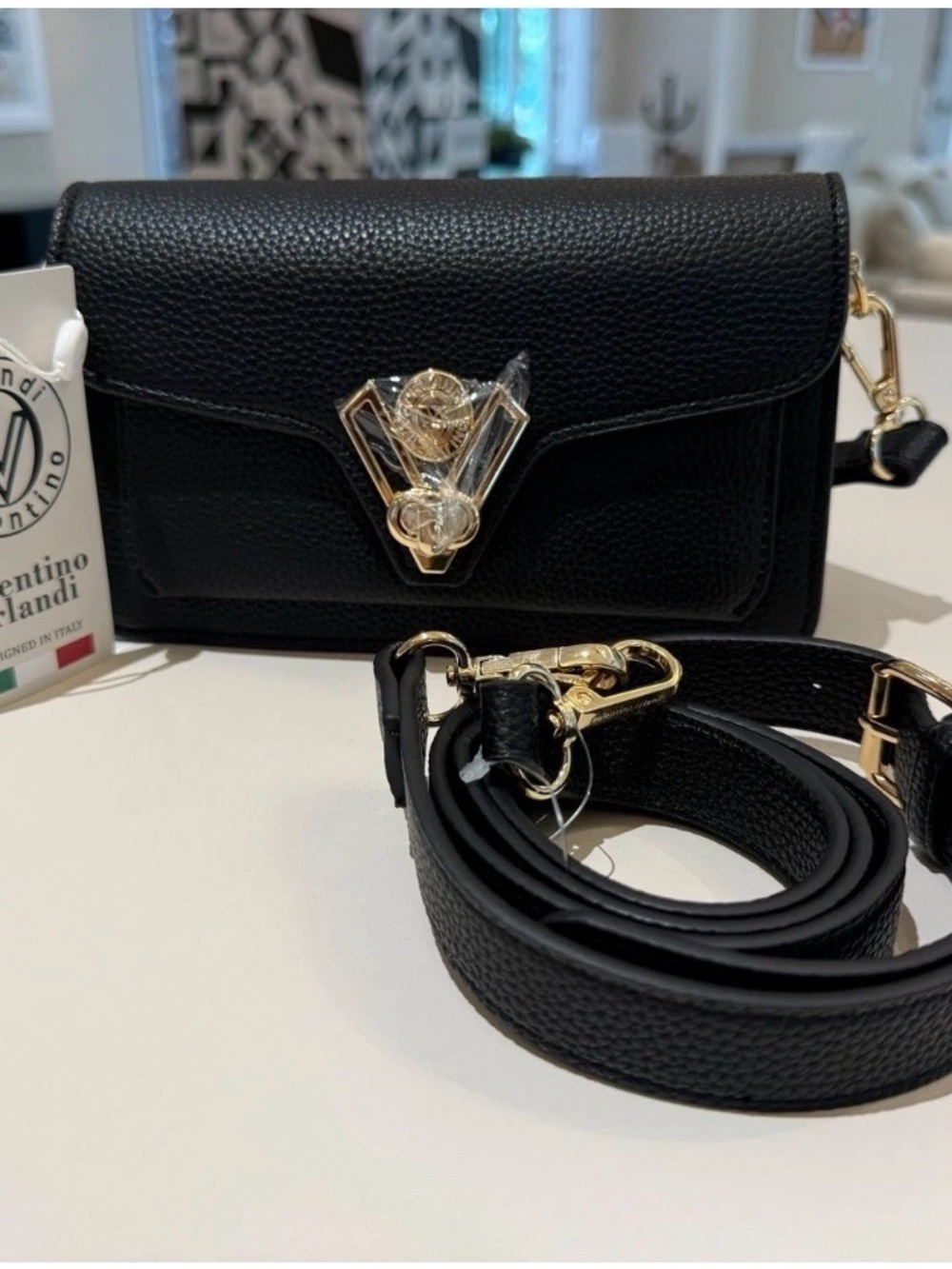 Valentino Orlandi Handbag with crossbody. Black w gold Vegan Leather Purse. NWT
